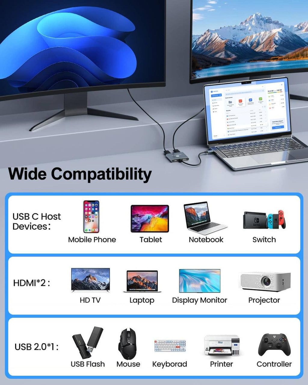 Grey USB-C dual HDMI adapter used with laptops, phones, and HDMI displays