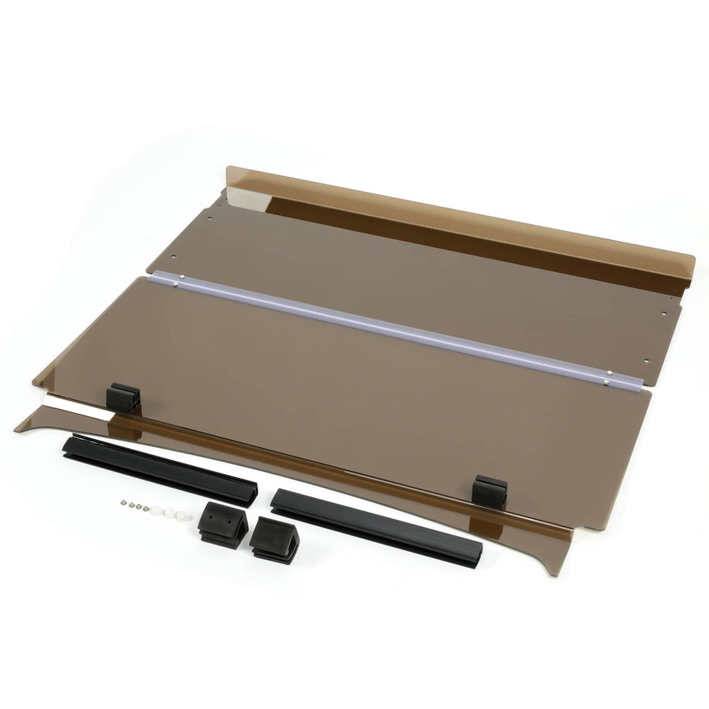 Tinted folding down windshield kit with hardware pieces and black brackets