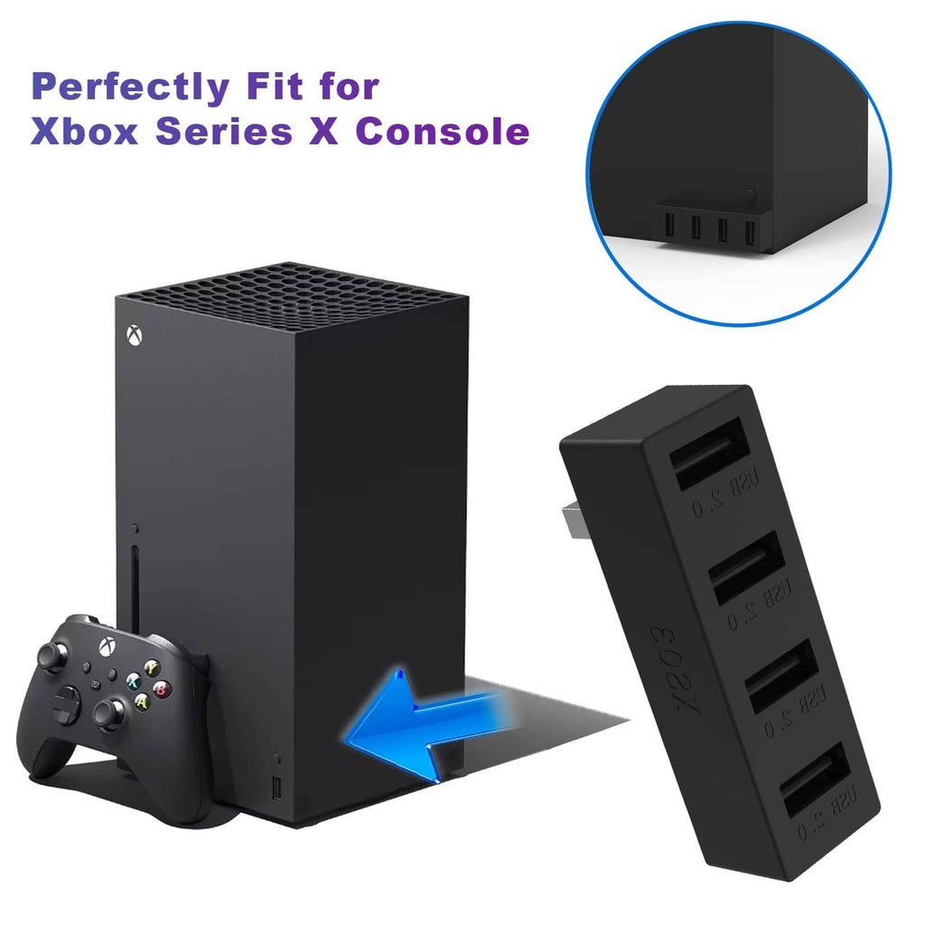 Black 4-port USB hub with angled plug and visible USB 2.0 port openings