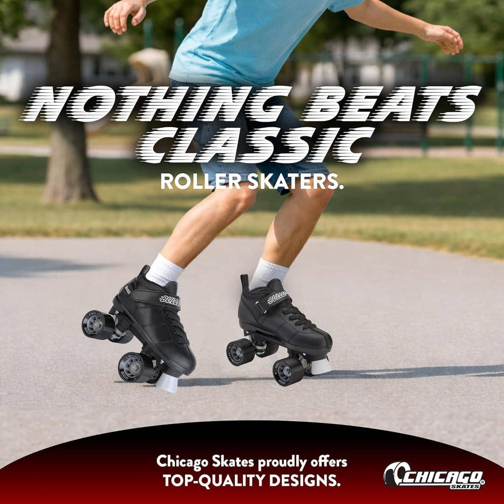 Black quad roller skates on a person’s legs, lace-up boots and four wheels