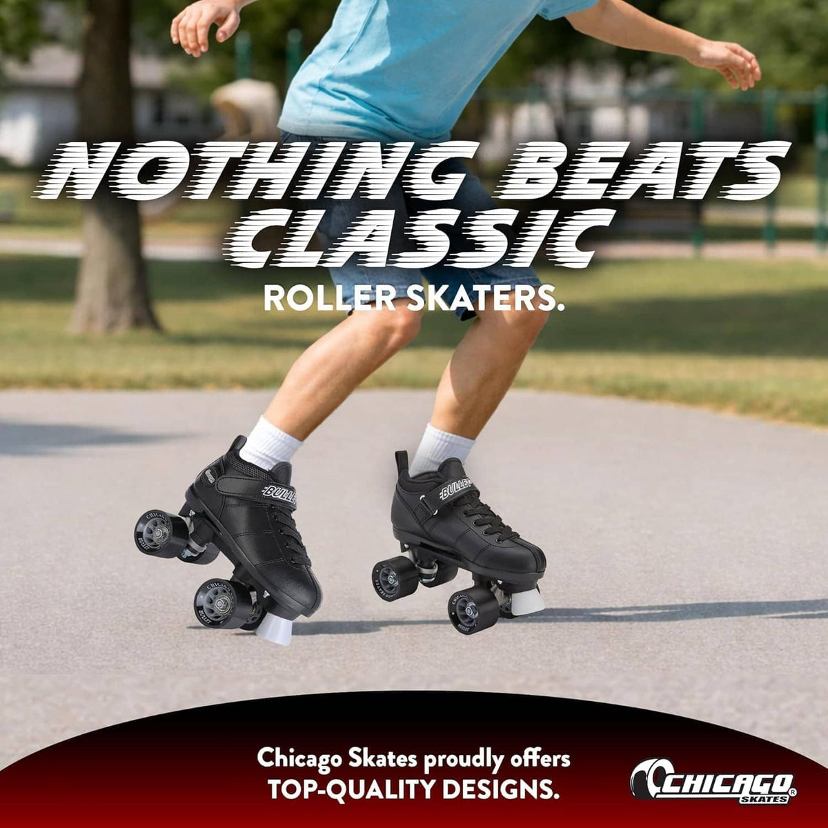 Black quad roller skates on a person’s legs, lace-up boots and four wheels