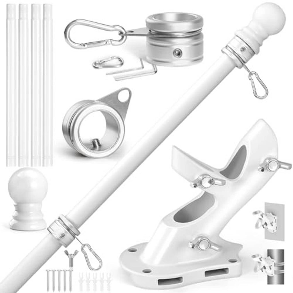 White flag pole kit parts: finial ball, stainless rings, angle mount, screws
