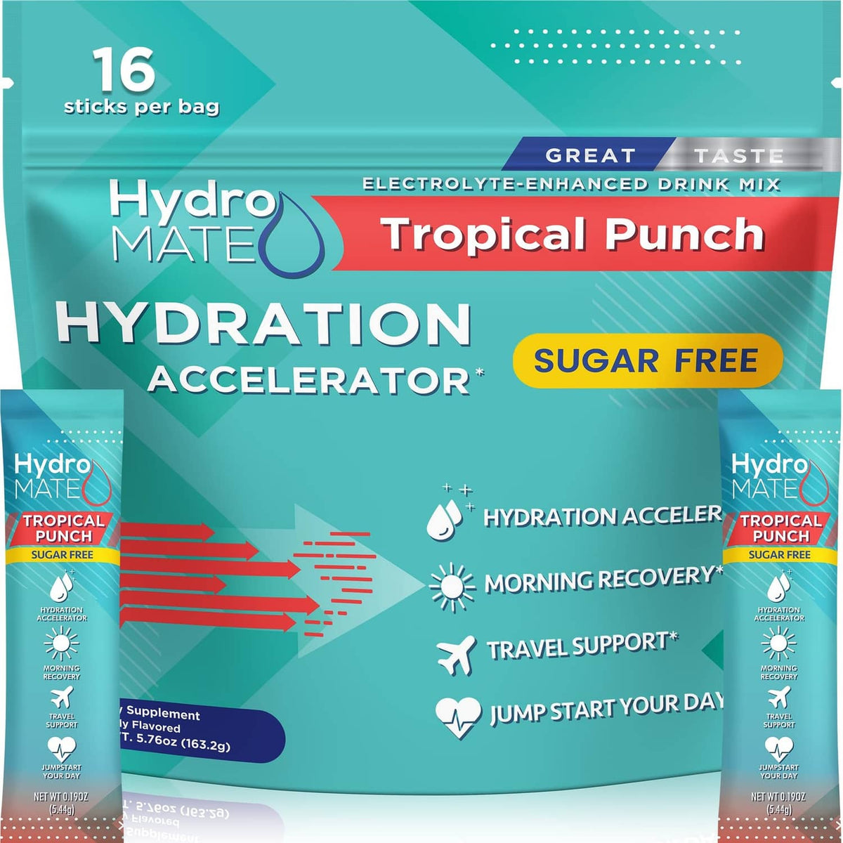 HydroMate hydration packet bag, sugar-free Tropical Punch flavor, 16-count