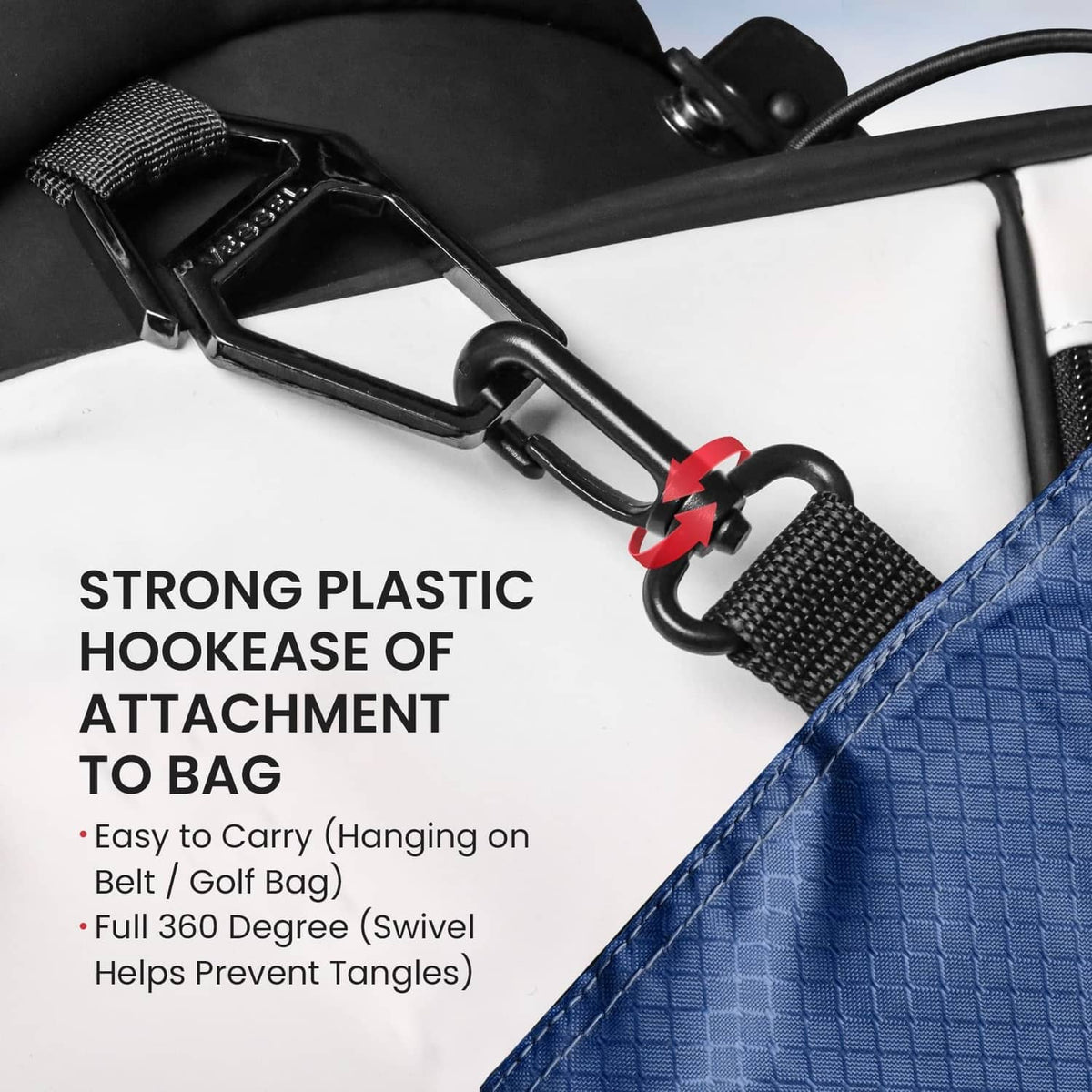 Black plastic hook attachment on blue pouch fabric beside zipper trim