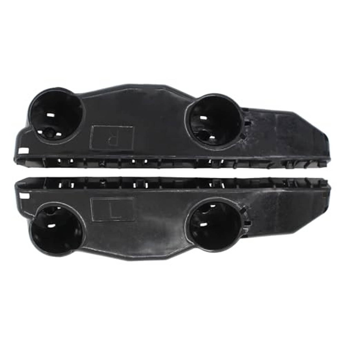 Front bumper bracket retainer clip, black plastic, paired curved support with mounting tabs