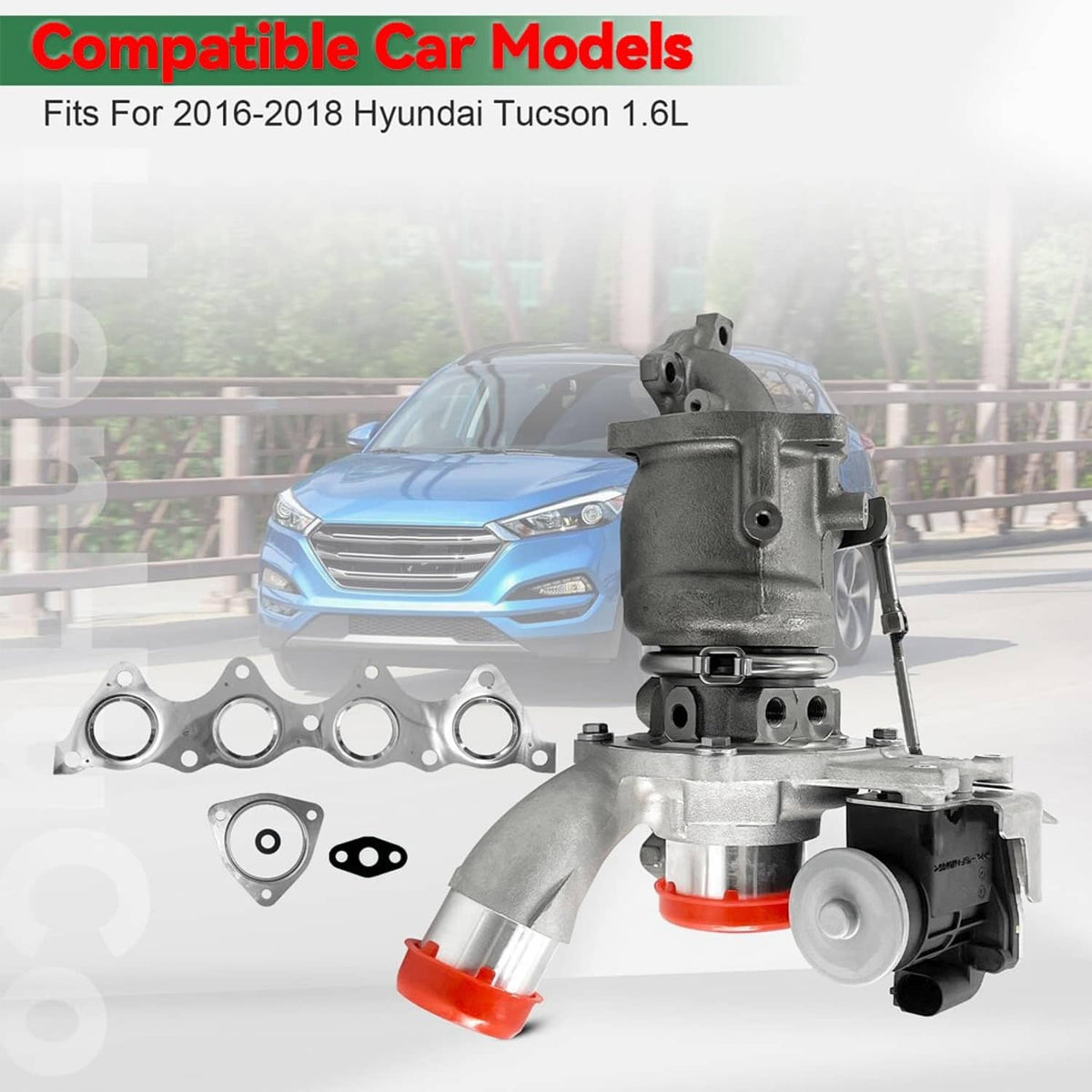 Turbocharger and exhaust manifold kit with red vacuum port and several gasket flanges