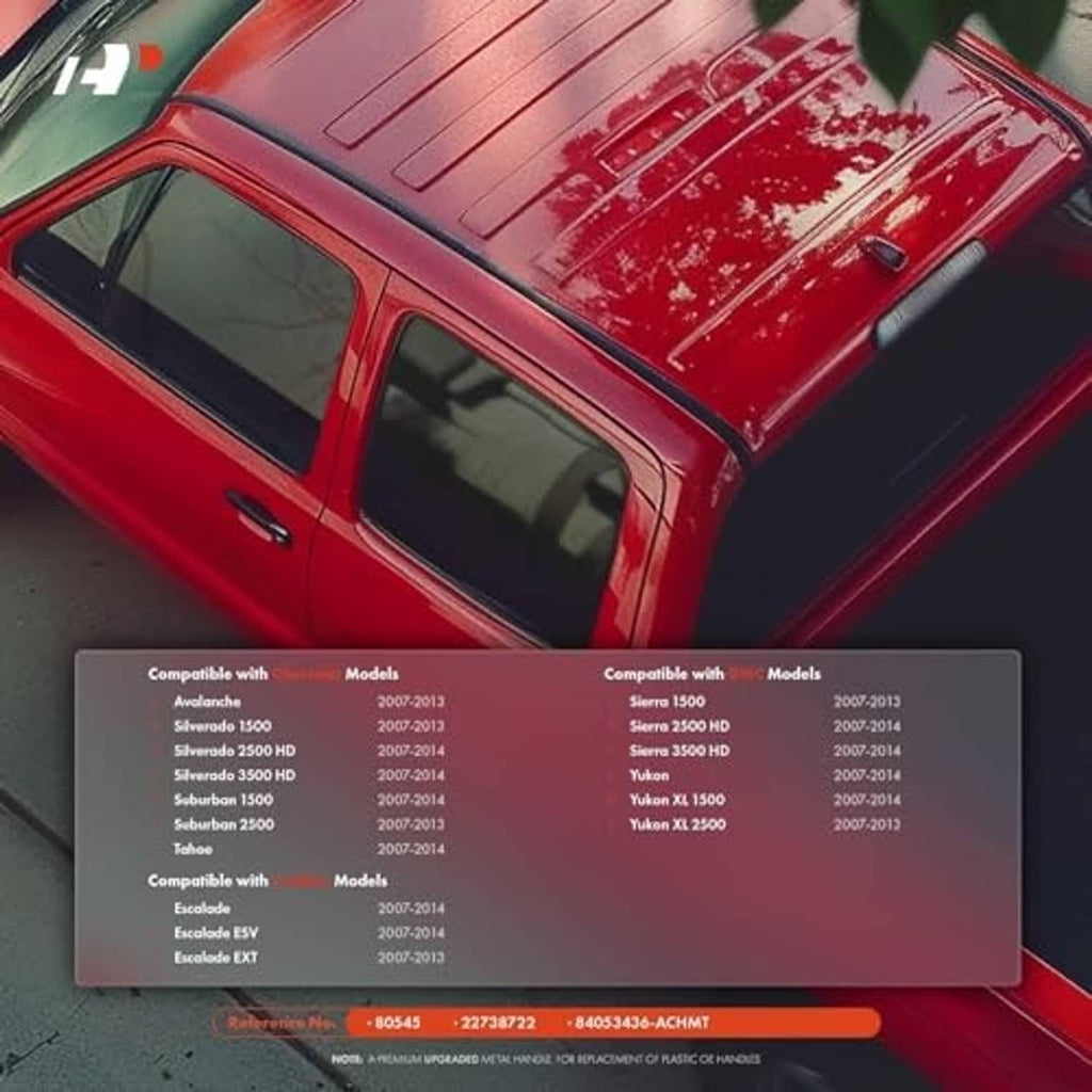 Chrome exterior door handle on red pickup door