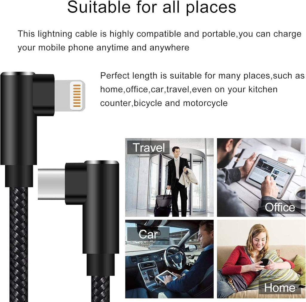 Black right-angle USB-C to Lightning cable with braided cord and connector ends