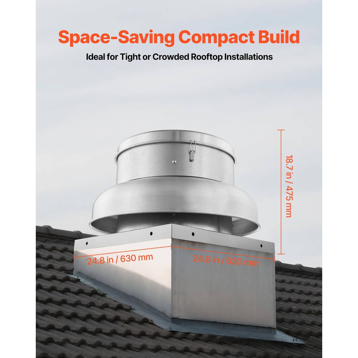 Compact roof exhaust fan mounted on a pitched shingle roof with low profile base