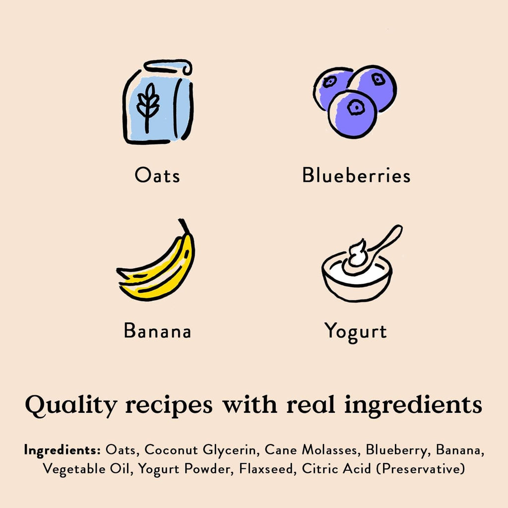 Dog treat ingredient icons: oats, blueberries, banana, and yogurt