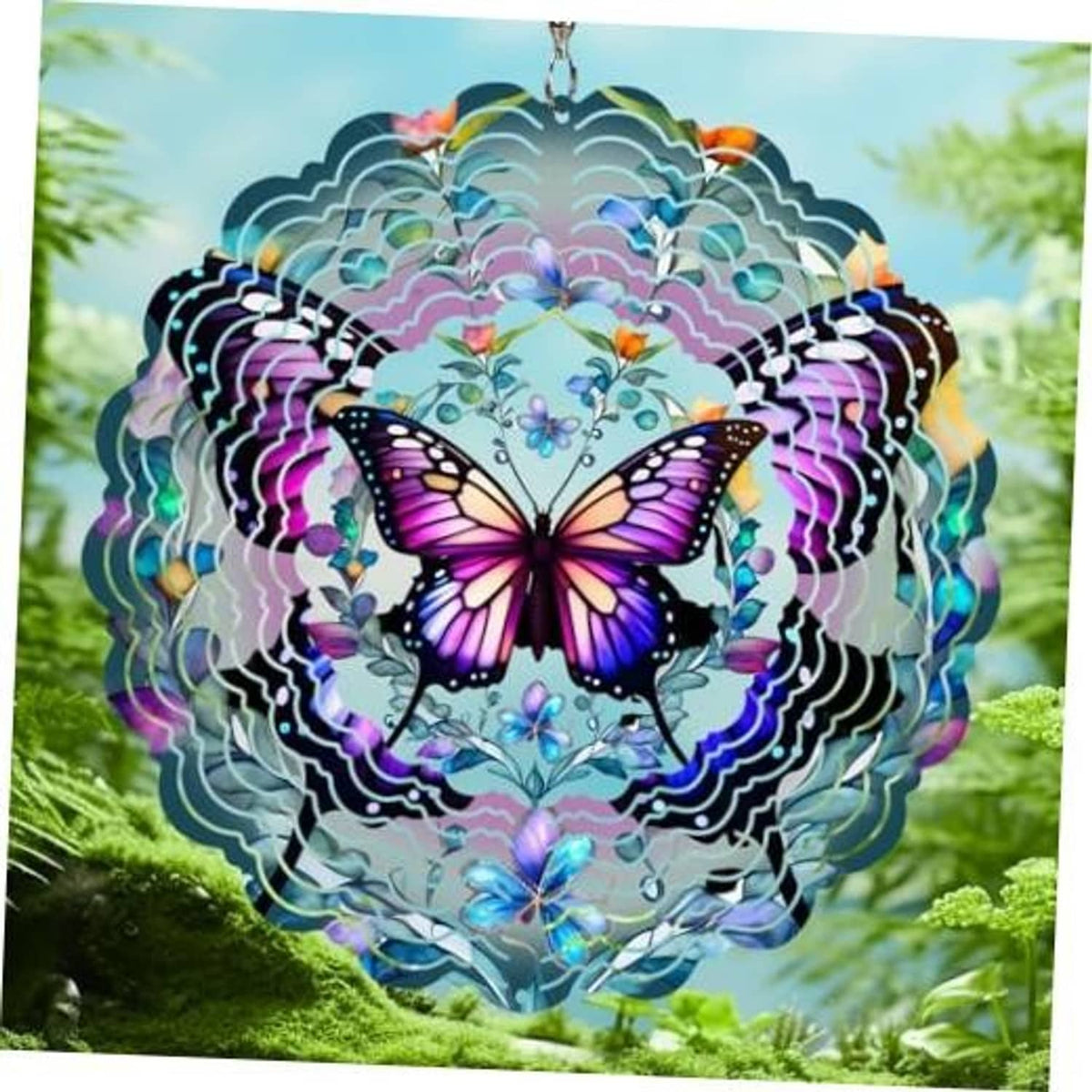 Colorful butterfly wind spinner with layered reflective cutouts, hanging hook