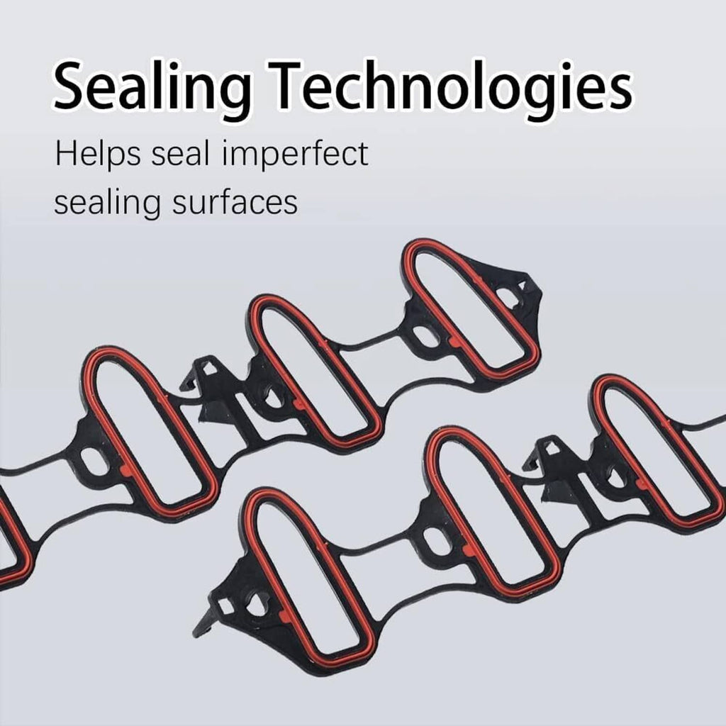 Intake manifold gaskets with red trim and black mounting tabs, close-up view