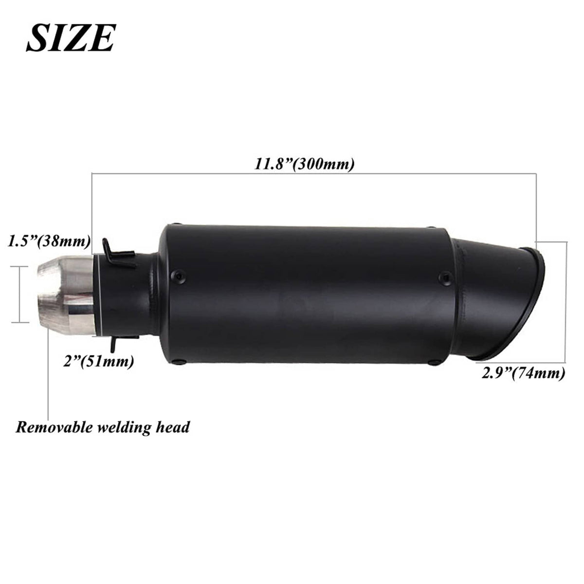Black exhaust muffler dimensions diagram with end outlet and mounting section.