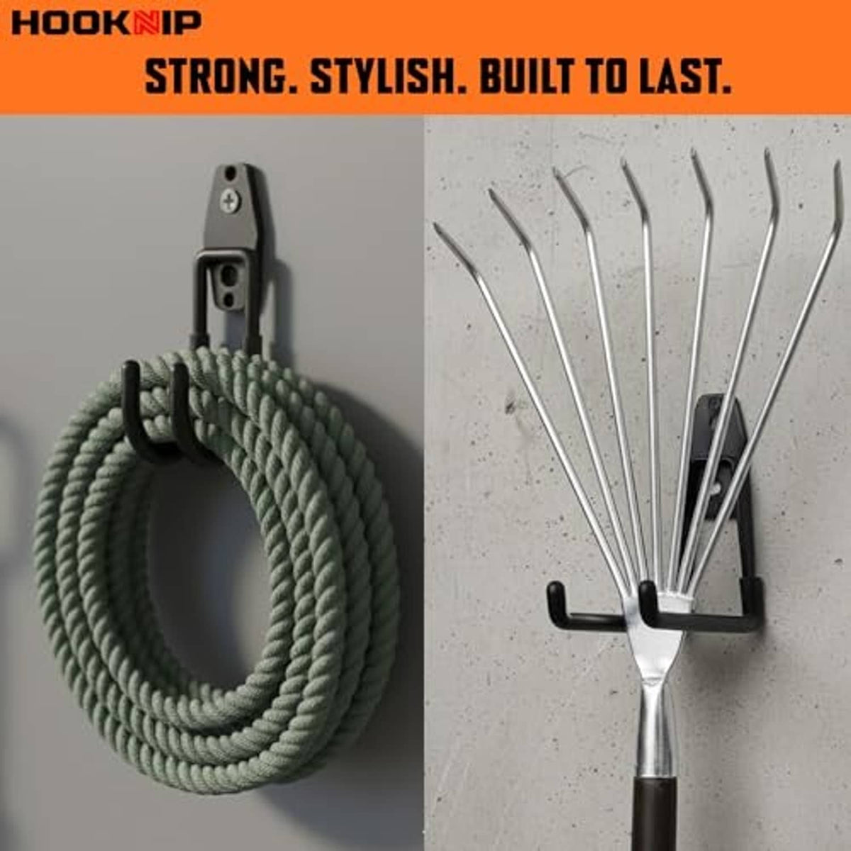 Black double wall hooks holding coiled rope and a broom handle