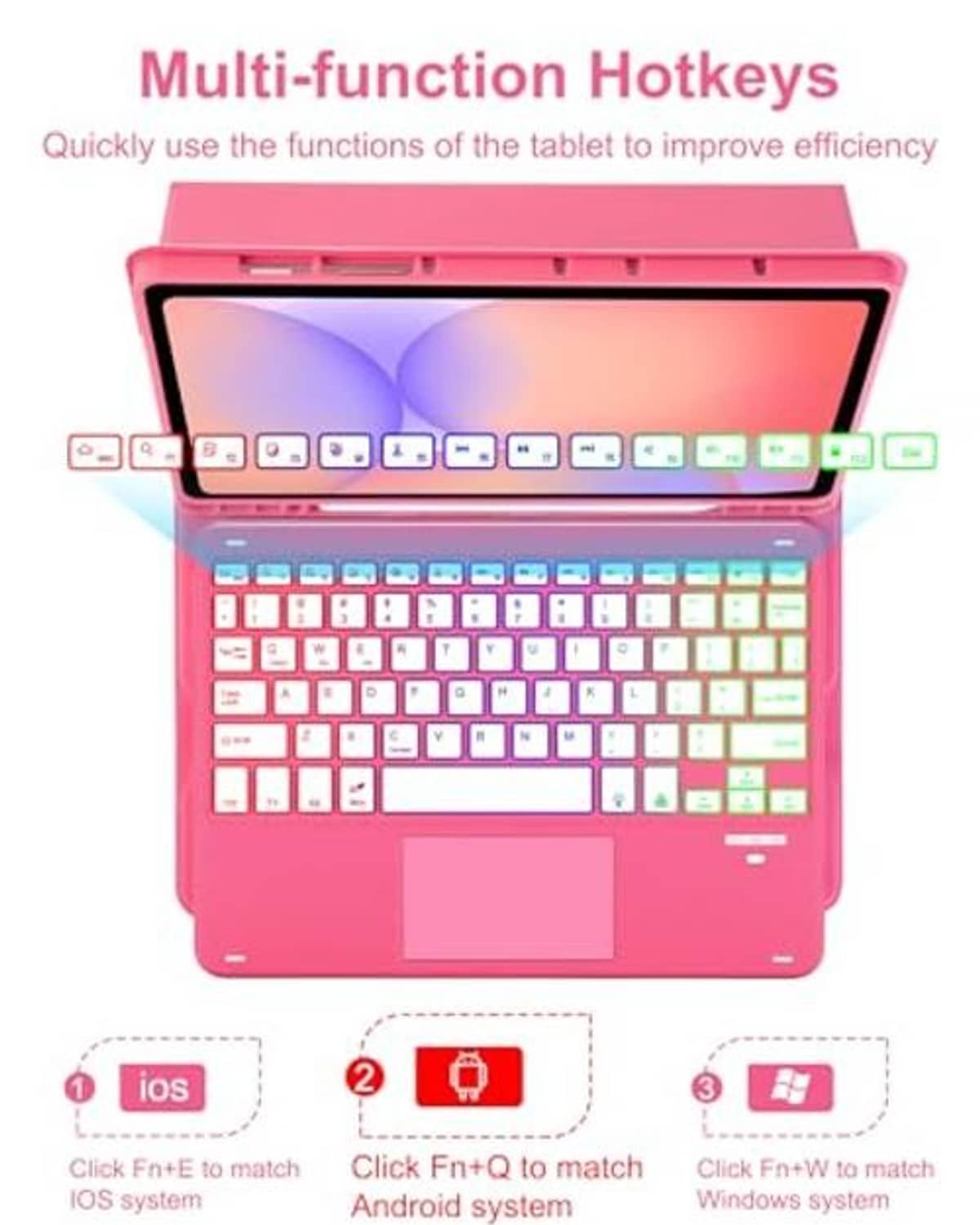 Pink keyboard case featuring multi-function hotkeys and a colorful keyboard layout