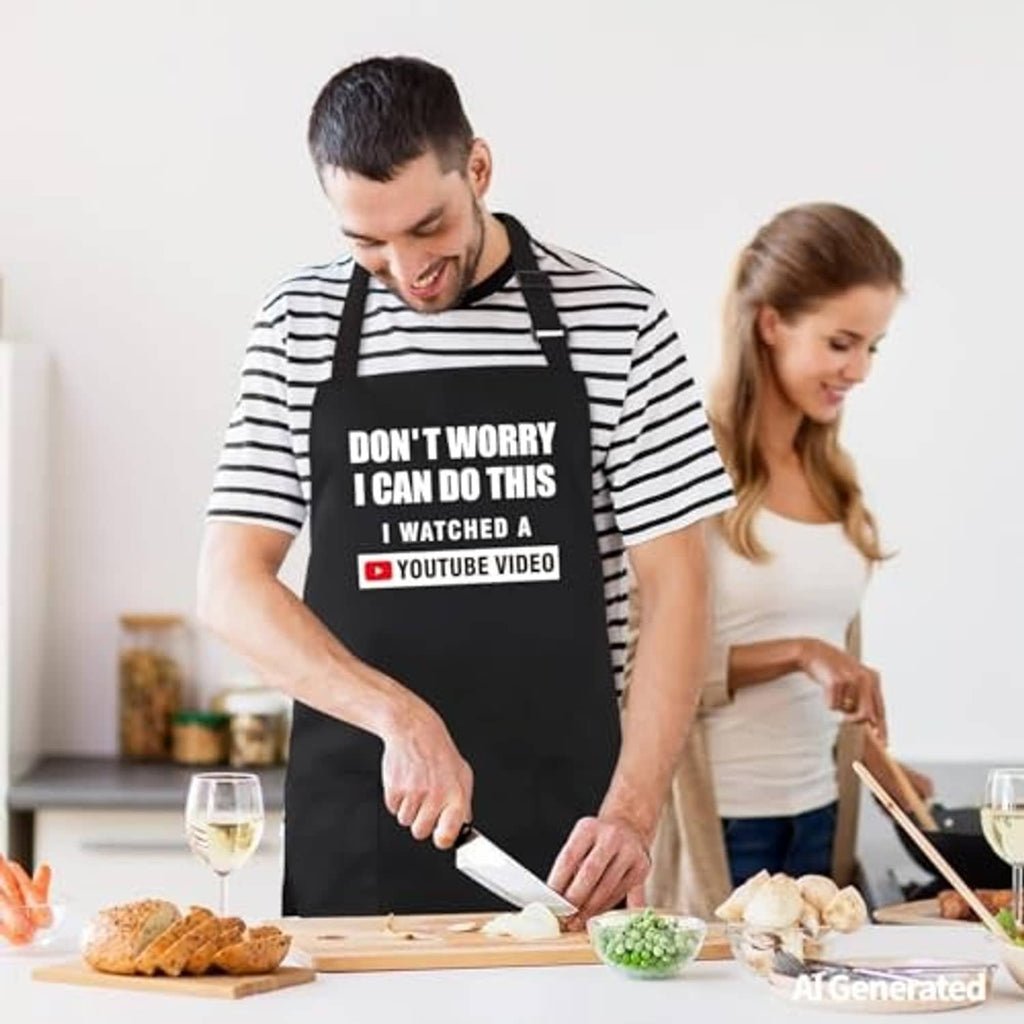 Black kitchen apron worn during cooking, with bold quote and YouTube video badge