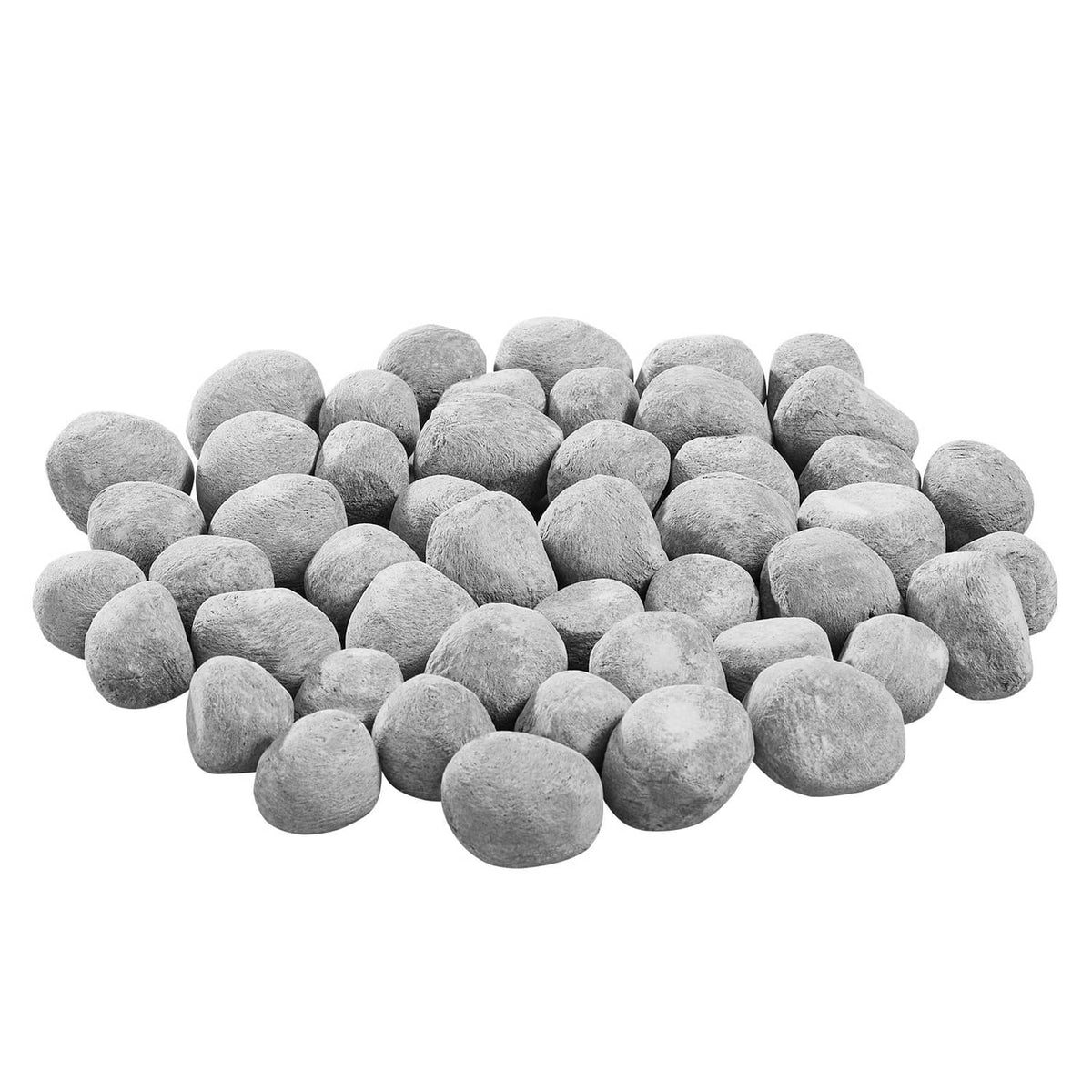 Grey ceramic fire pebble stones arranged in a wide row of smooth round pebbles.