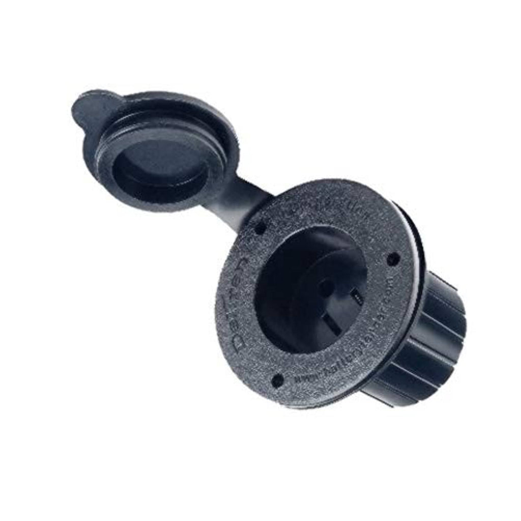Black AC power port receptacle with protective cover and mounting collar