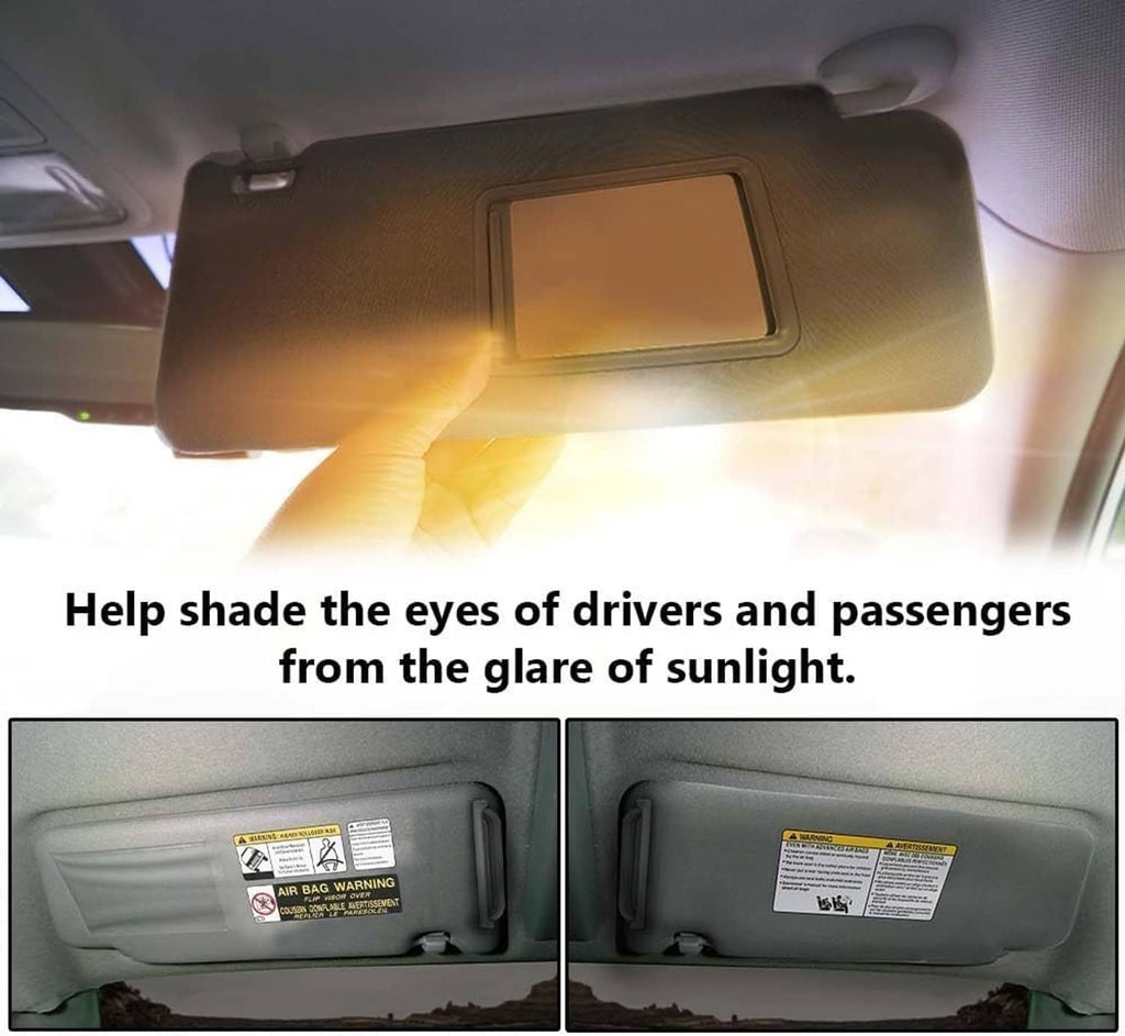 Gray sun visor pair for left driver and right passenger side with mounting clips
