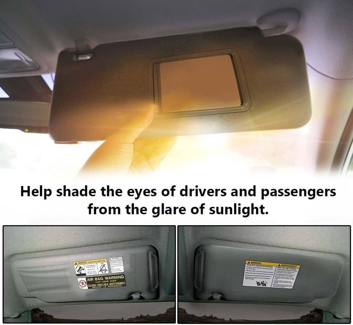 Gray sun visor pair for left driver and right passenger side with mounting clips