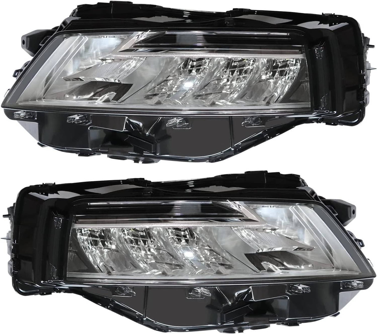 LED headlight pair with chrome reflector lenses and black outer housings.
