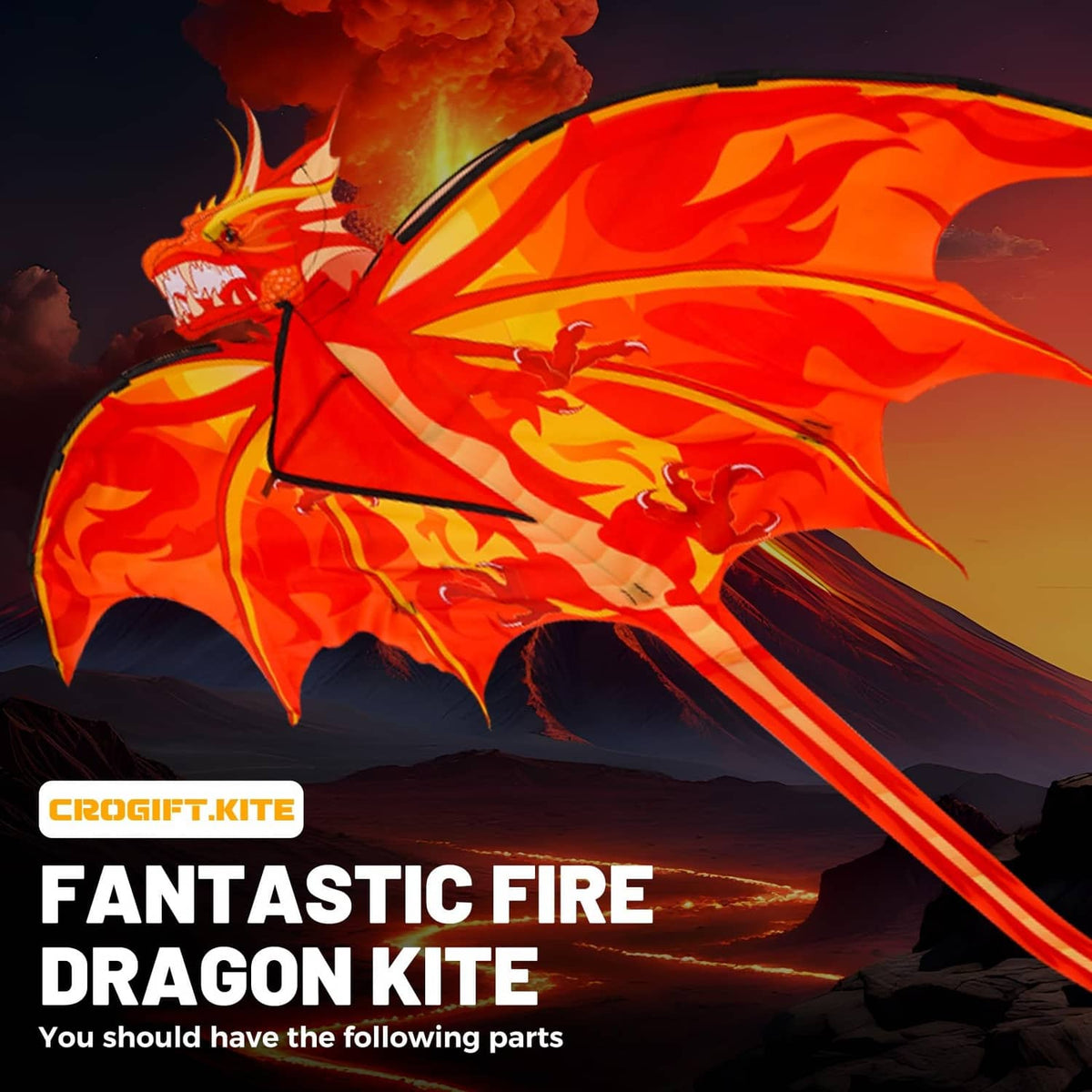 Flame orange dragon kite with red details and long ribbon tail