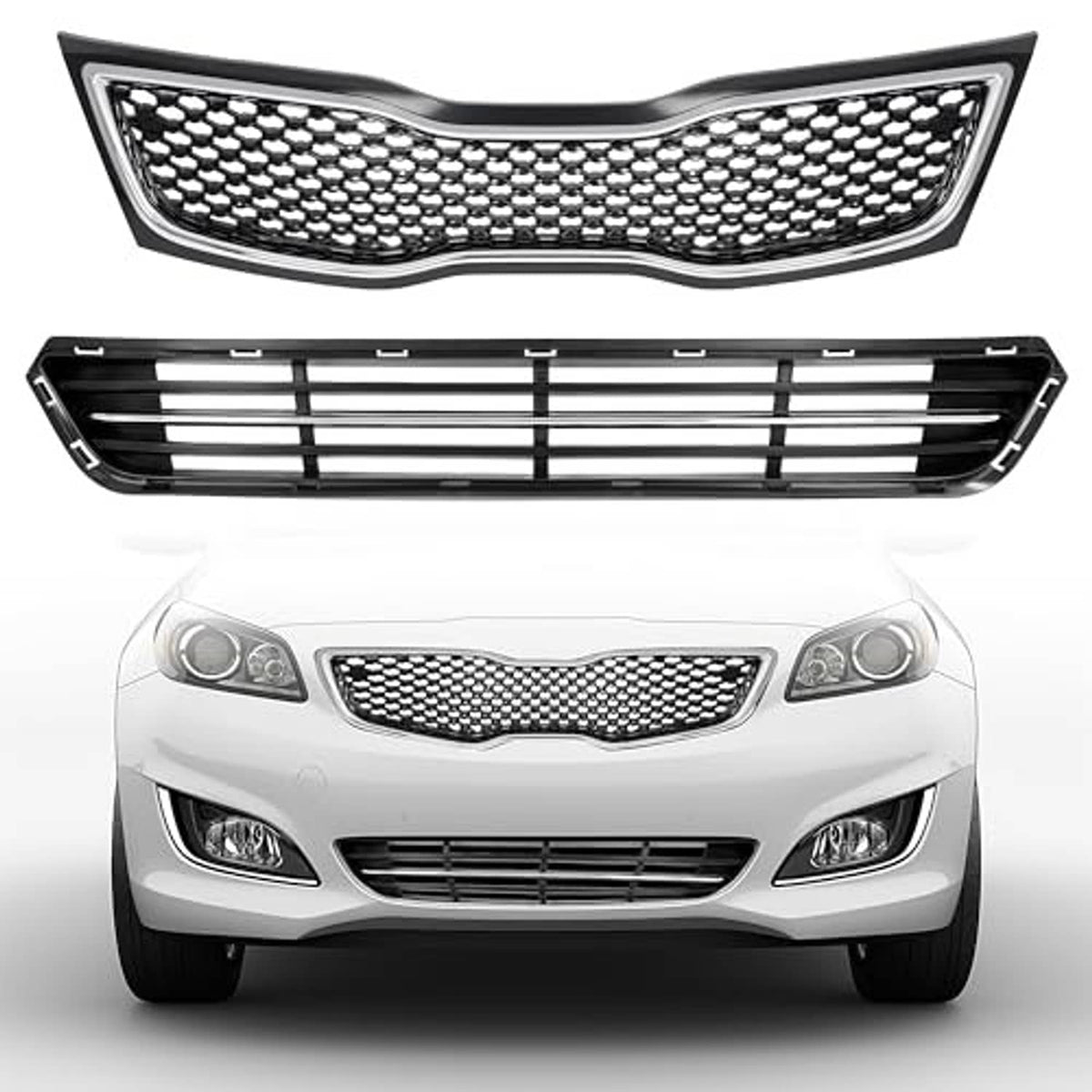 Front grilles with chrome-edged honeycomb upper mesh and black horizontal lower bars