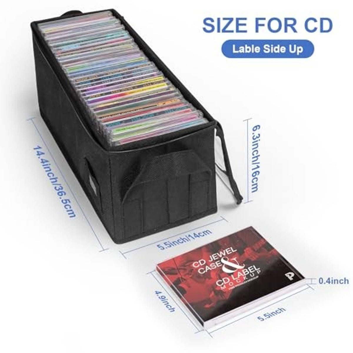 Black CD storage box with clear lid open, packed with multiple CD jewel cases