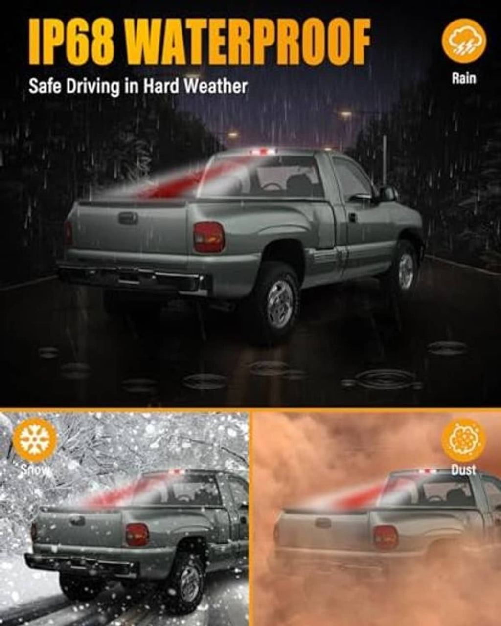 Waterproof LED third brake light glowing red in rainy conditions