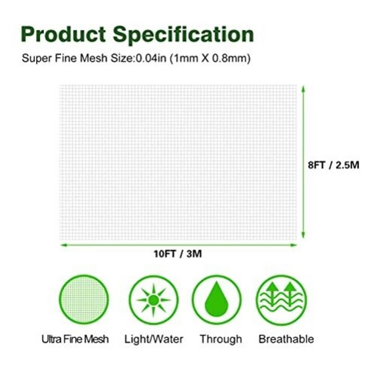 Garden netting size chart with super fine mesh grid, 10x8 ft sheet dimensions