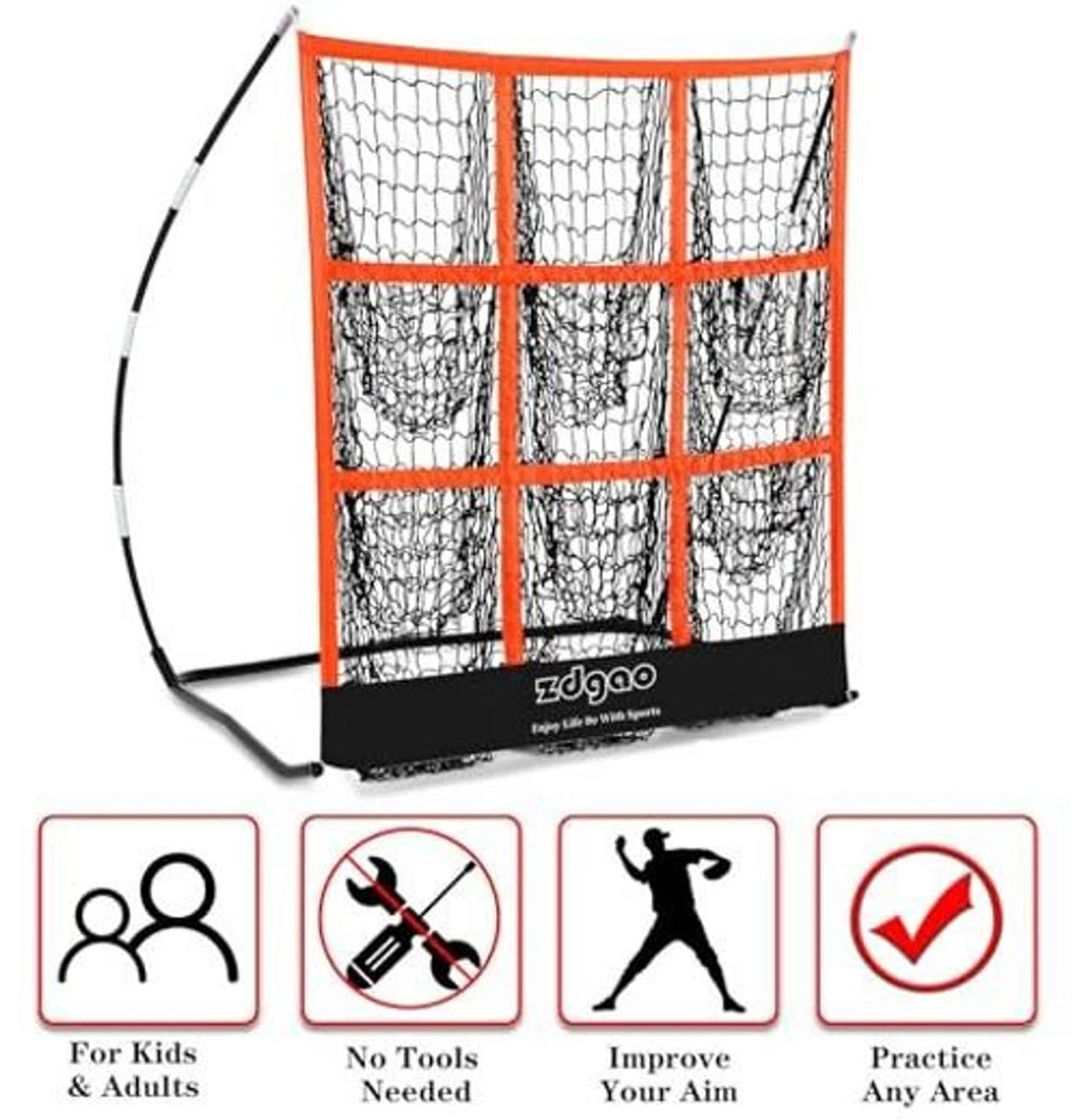 Orange pitching net with black base, with simple use icons beneath