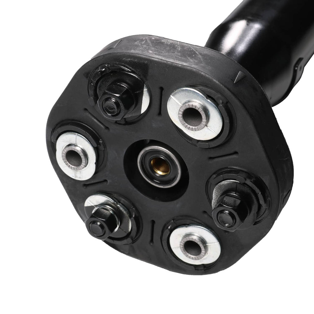 Rear drive propeller shaft end with bolts, central hole, and silver ring bushing
