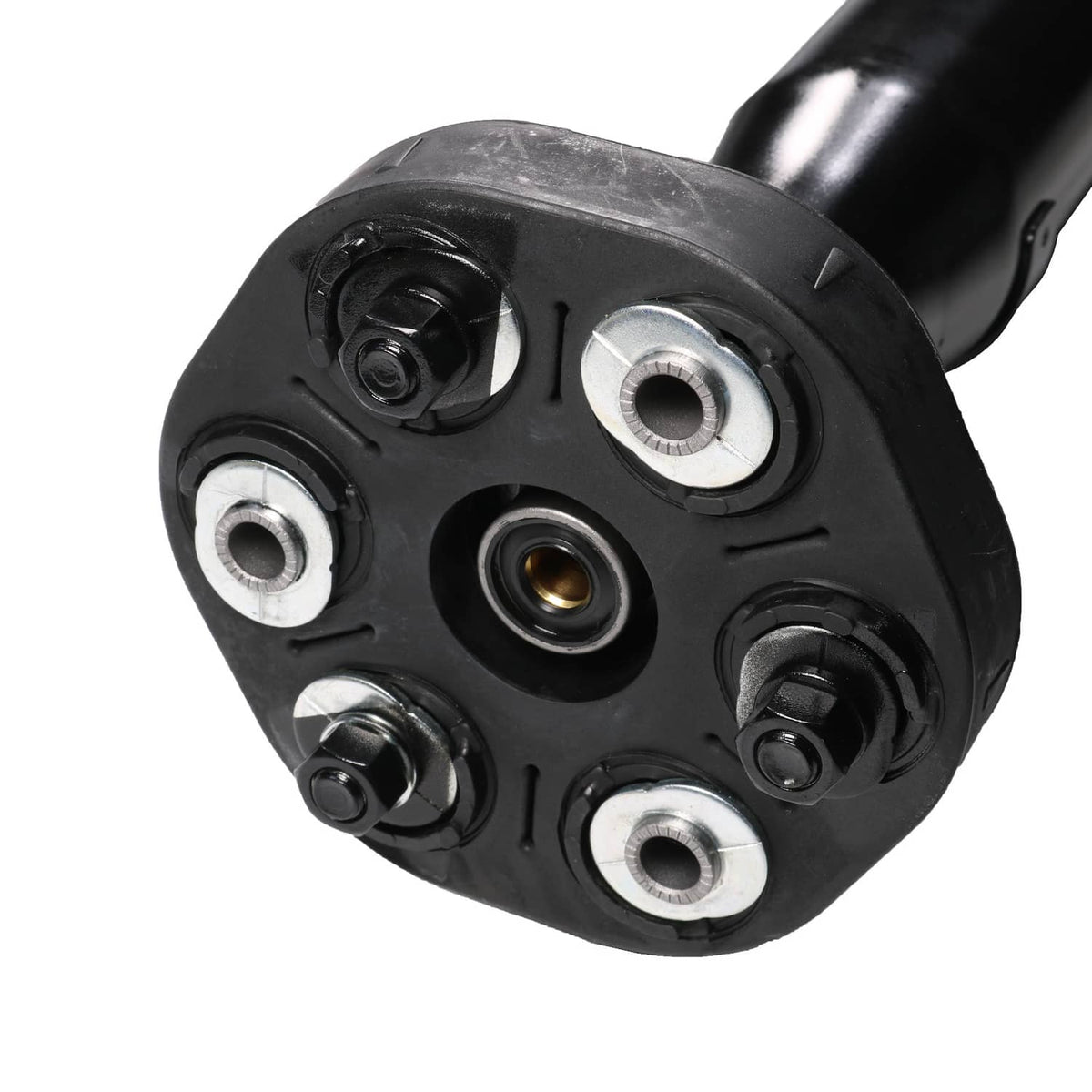 Rear drive propeller shaft end with bolts, central hole, and silver ring bushing