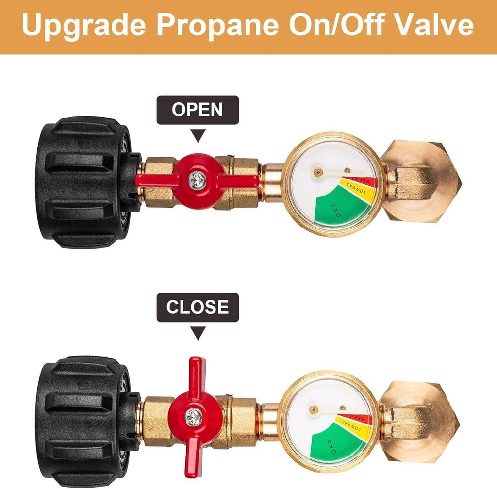Brass propane on/off valve adapter with dial gauge and red lever control