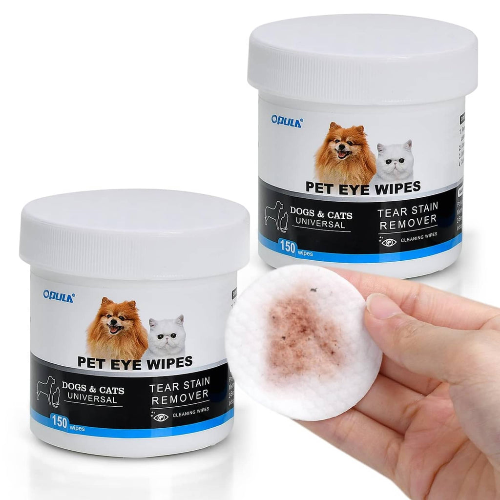 OPULA pet eye wipes jar with white wipes, one wipe held in hand