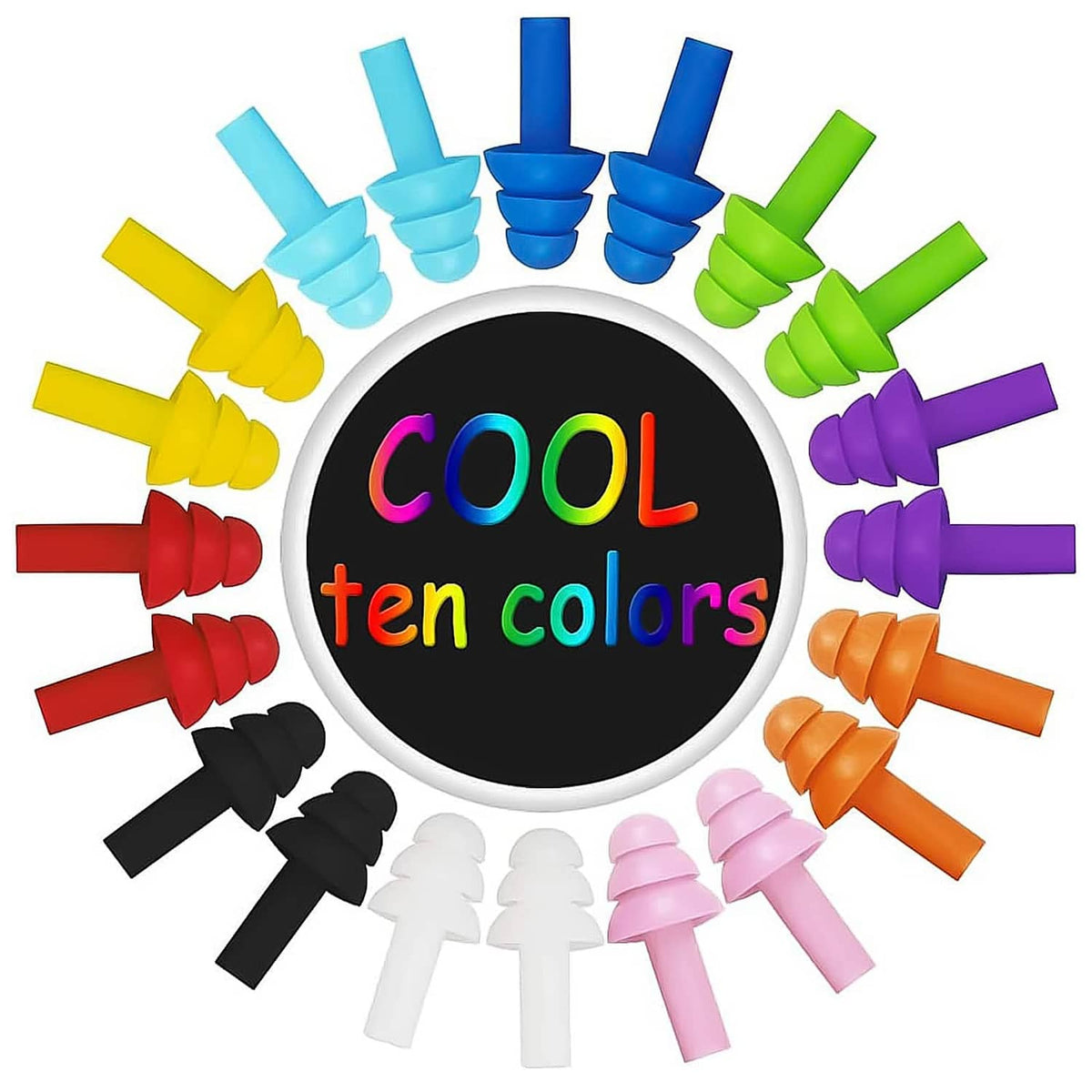 Multi-color earplug set with ten different colored pairs