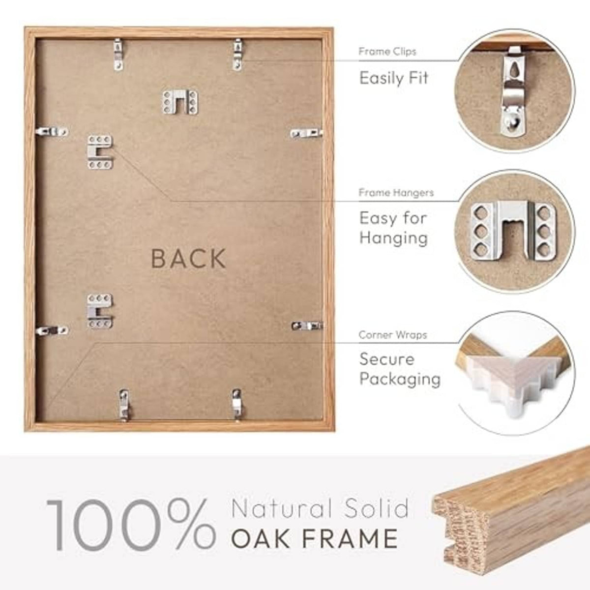 Solid oak 11x14 photo frame back with metal clips and hanging points