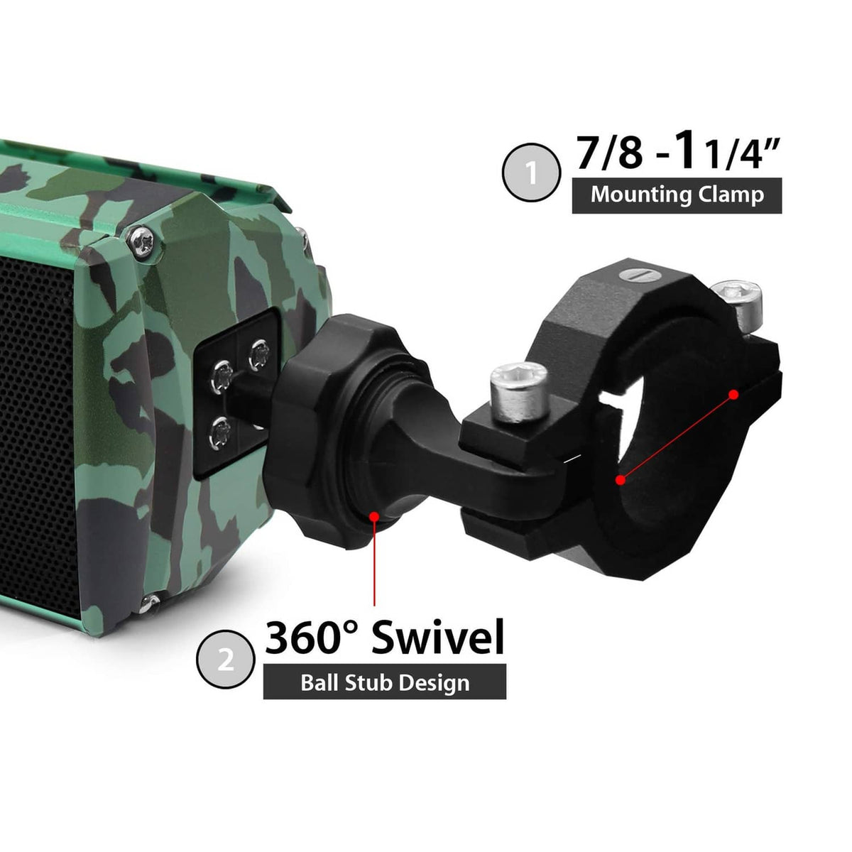 Camo green speaker bar with 360° swivel mounting clamp and side mounting hardware
