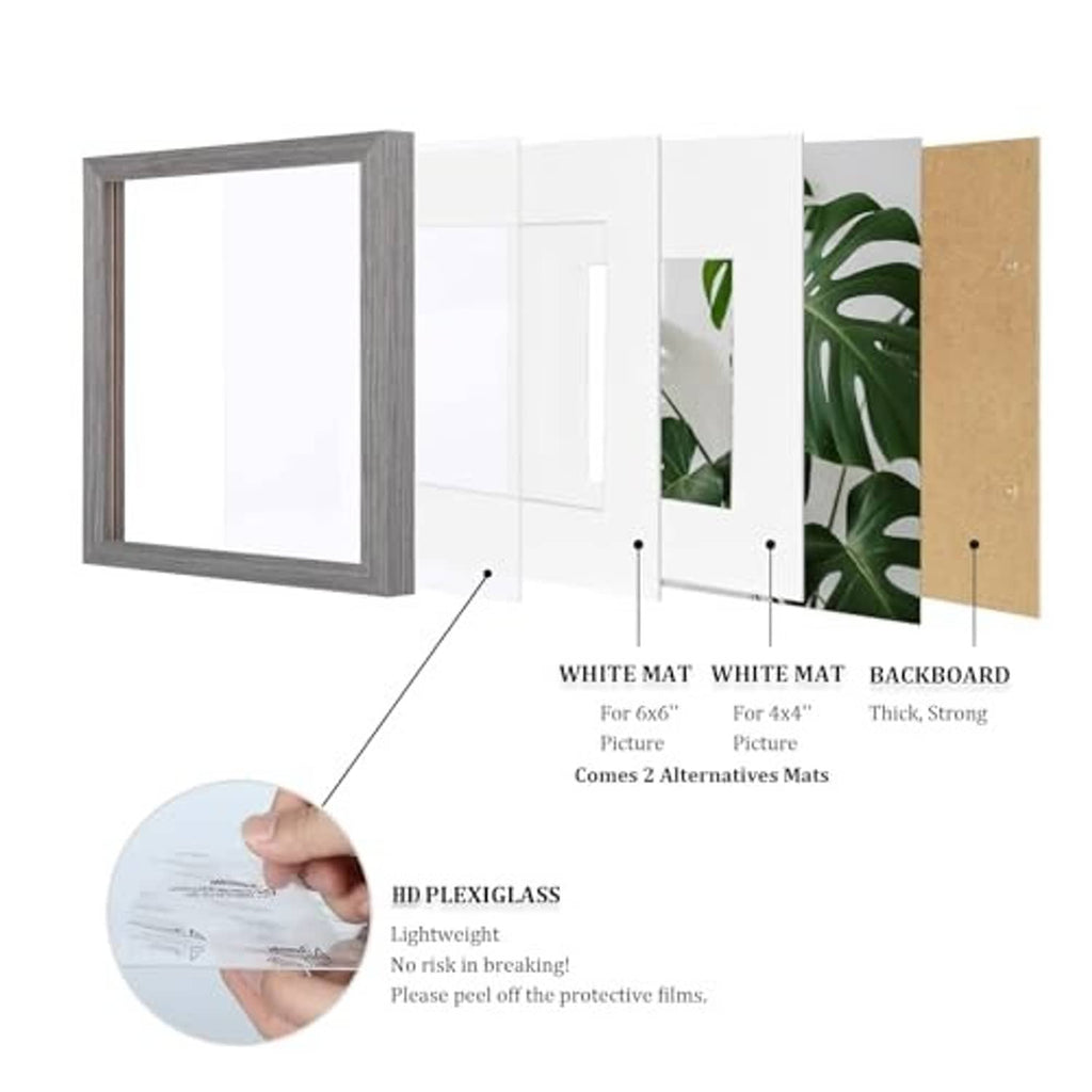 Light grey solid wood frame parts: backboard, white mats, and HD plexiglass