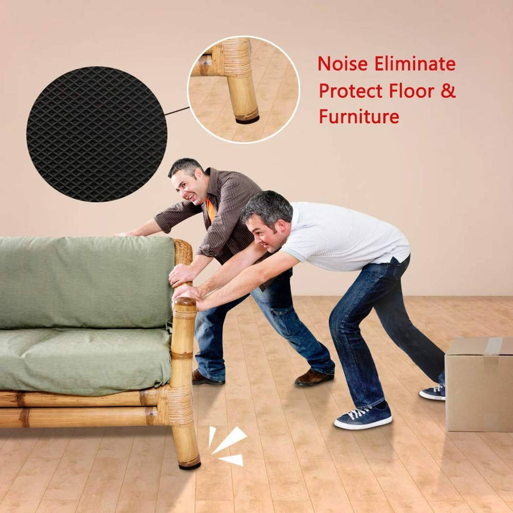 Round non-slip furniture pads reduce noise and vibration, dark gray textured discs