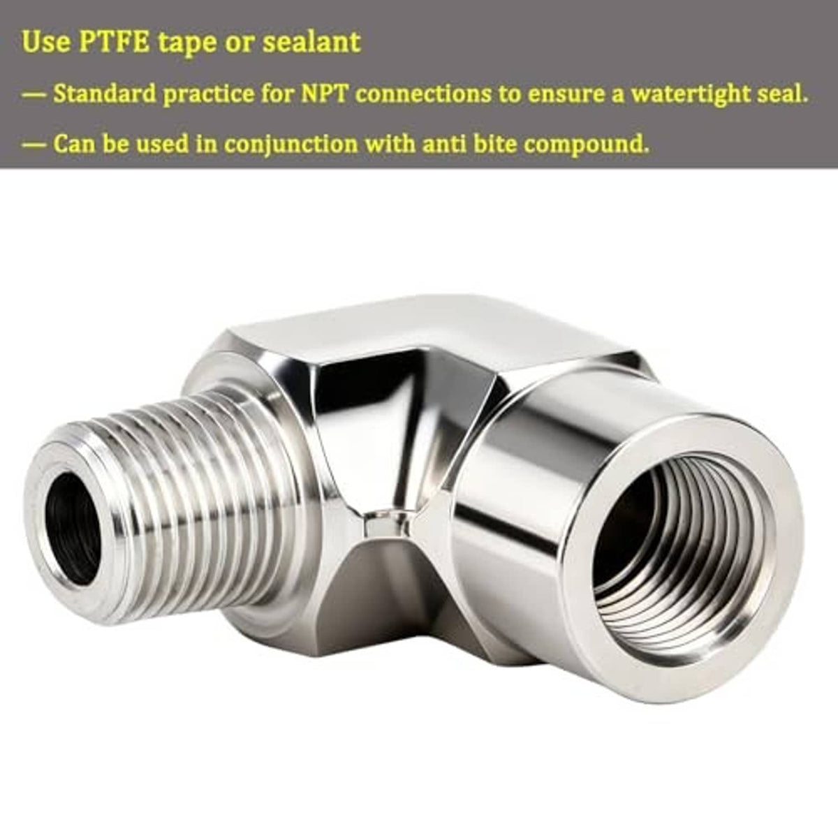 Stainless steel 90° elbow fitting with two threaded ends