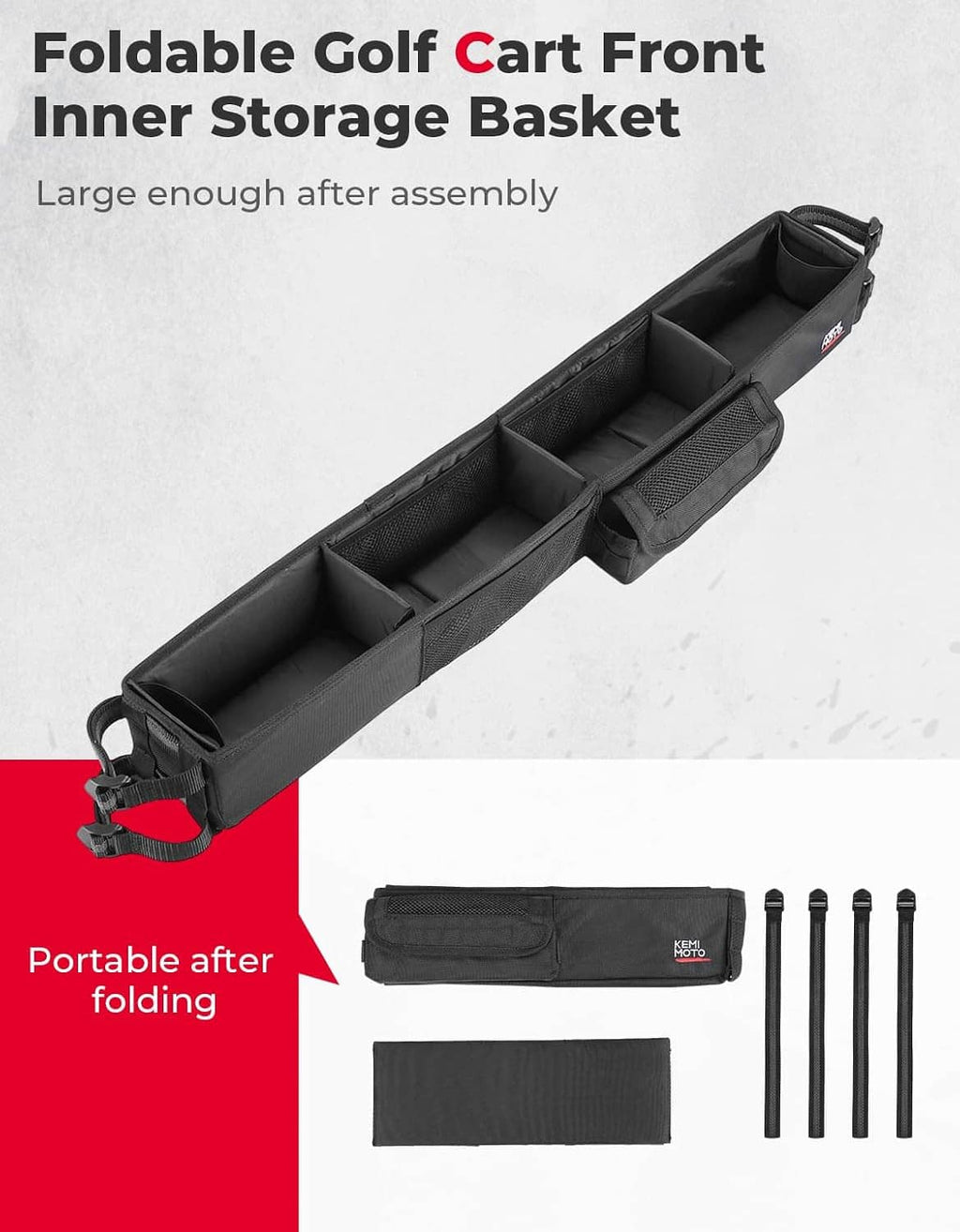 Foldable golf cart front inner storage basket with side handle and included support rods