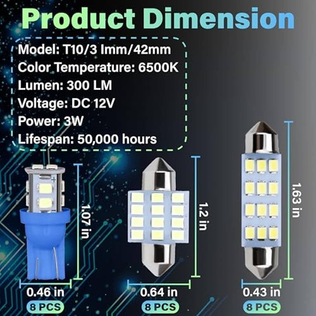 LED dome bulb size chart with T10/3mm/42mm and 8 pcs layout