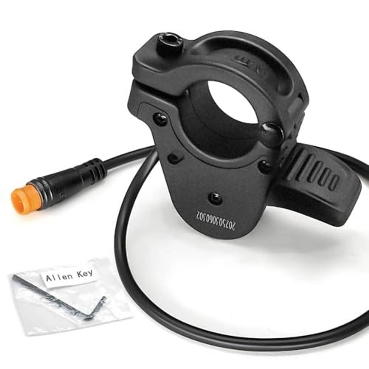 Black 3-pin thumb throttle with orange connector and attached control cable