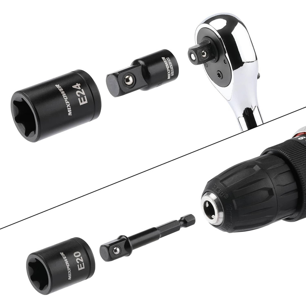 Torx bit socket adapters with 1/2 and 3/8 drive connections and E24, E20 sockets
