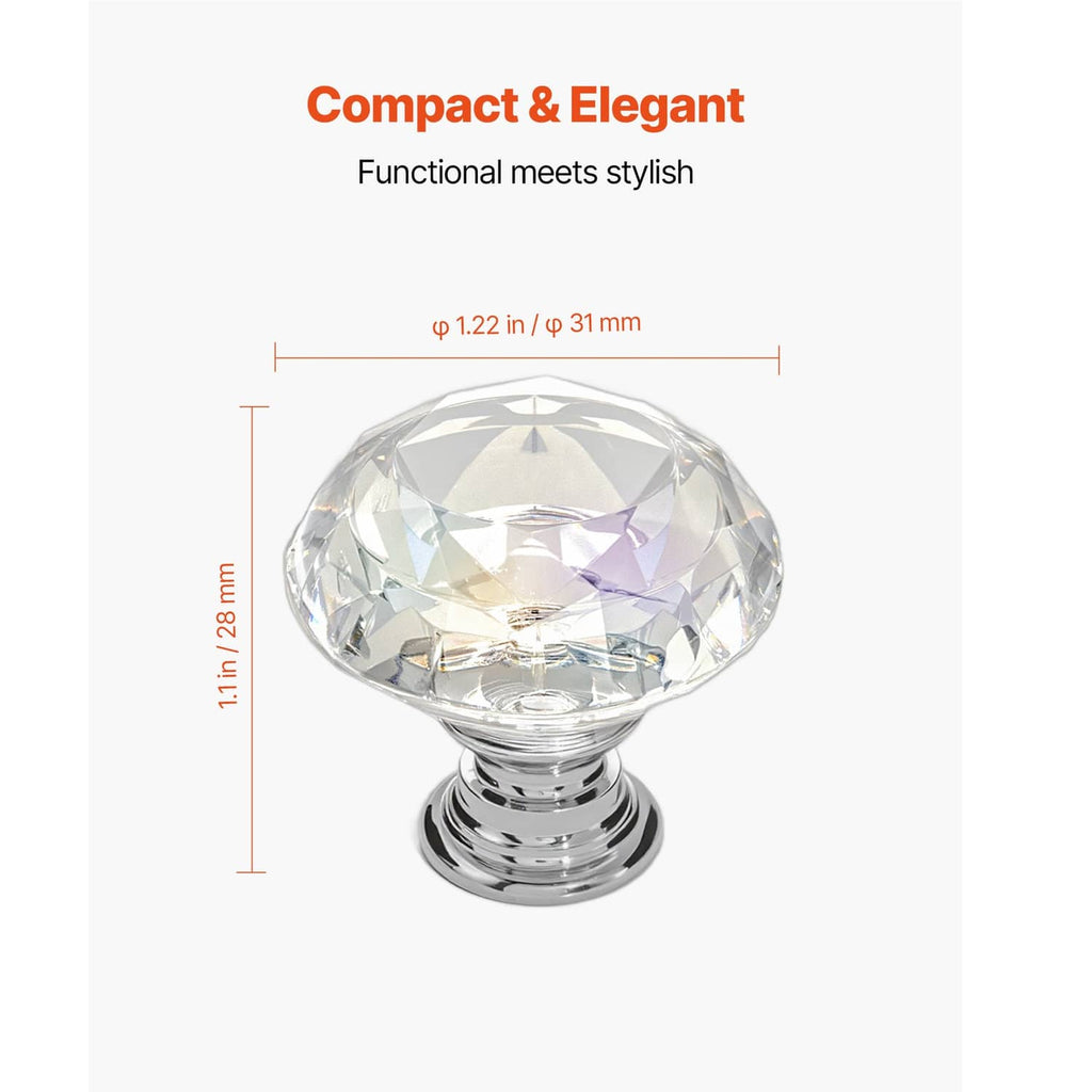 Faceted acrylic diamond cabinet knob on chrome pedestal base, product dimension view.