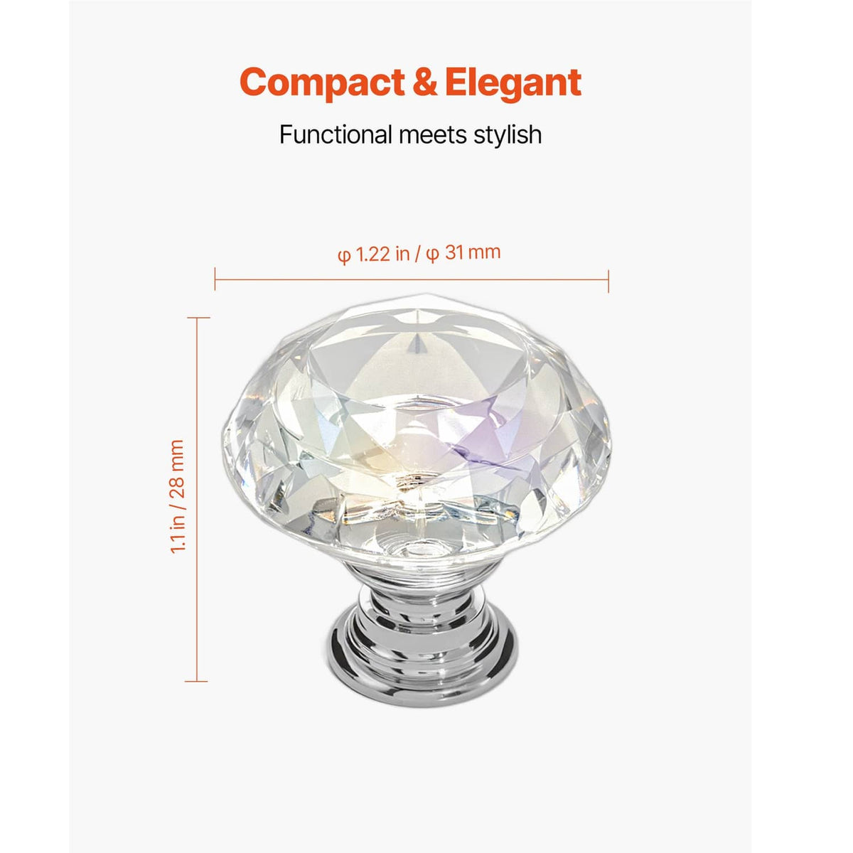 Faceted acrylic diamond cabinet knob on chrome pedestal base, product dimension view.