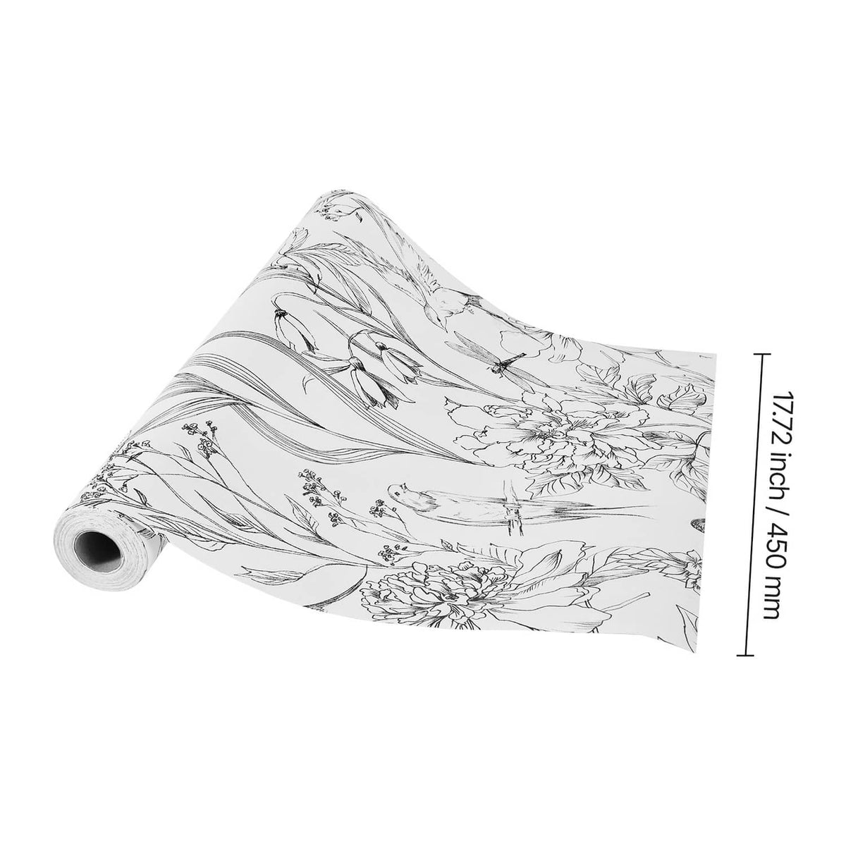 Self-adhesive wallpaper roll with black botanical floral pattern on white, side angle