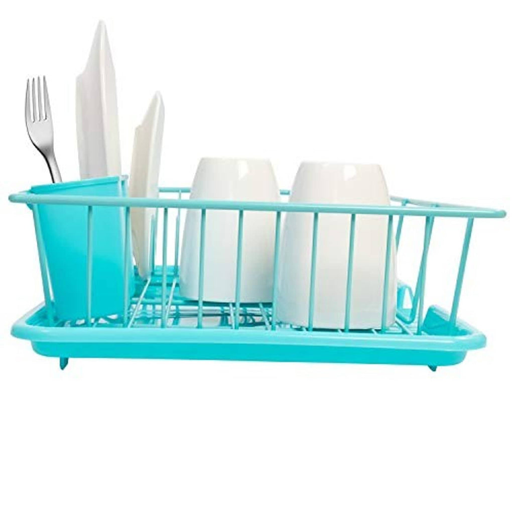 Turquoise dish rack drainer with drying board and white plates and cutlery