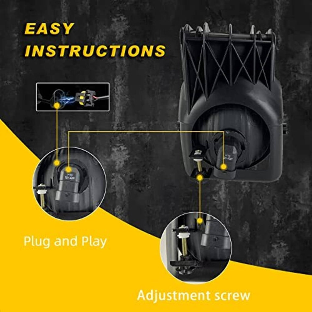 Fog light installation view showing black housing, connectors, and adjustment screw